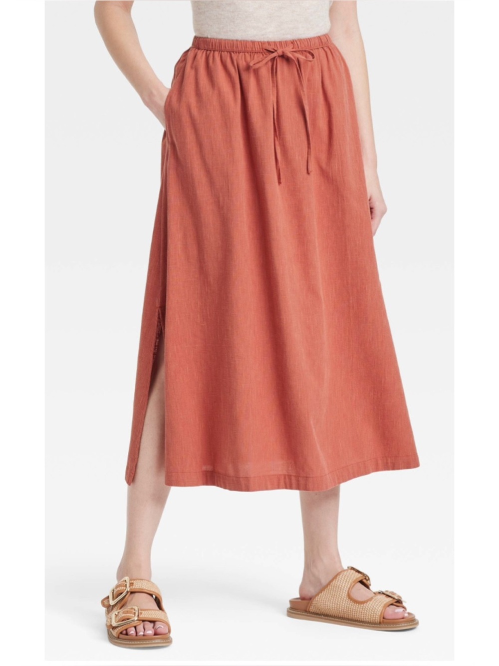 Universal Thread Tie Front Elastic Waist A-Line Midi Skirt Beachy Boho